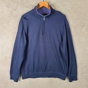 Van Heusen Sweater Mens Large Blue 1/4 Zip Mock Neck Cotton Blend Essential Navy